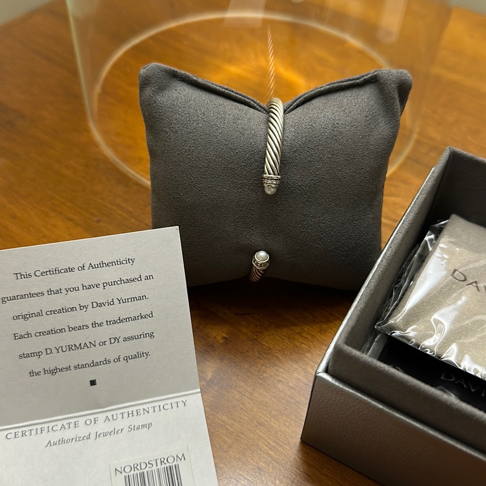 DY Cable Classics Bracelet Sterling Silver w/pearls +  Pavé Diamonds w/packaging